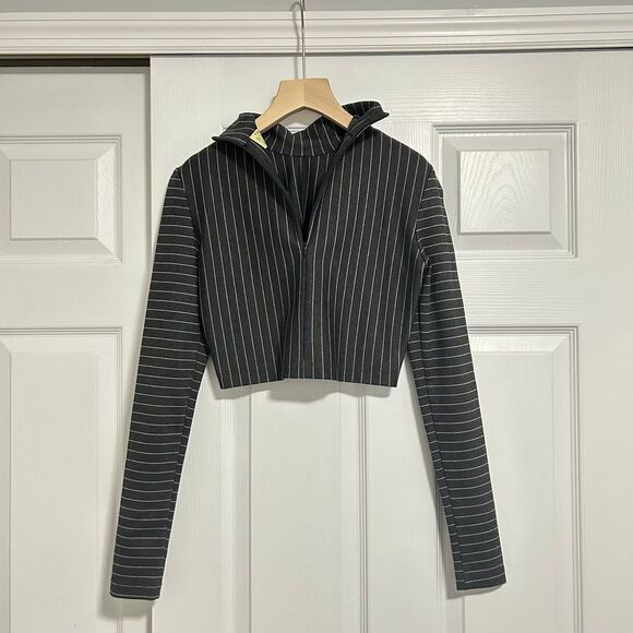 Torn by Ronny Kobo Sulan Mock Neck Crop Zipper Top Gray Pinstripe Long Sleeve - Picture 1 of 5